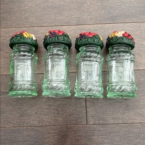 TOPFIRM Vintage Green Glass Spice Jars with Resin Fruit Lids, Decorative Antique